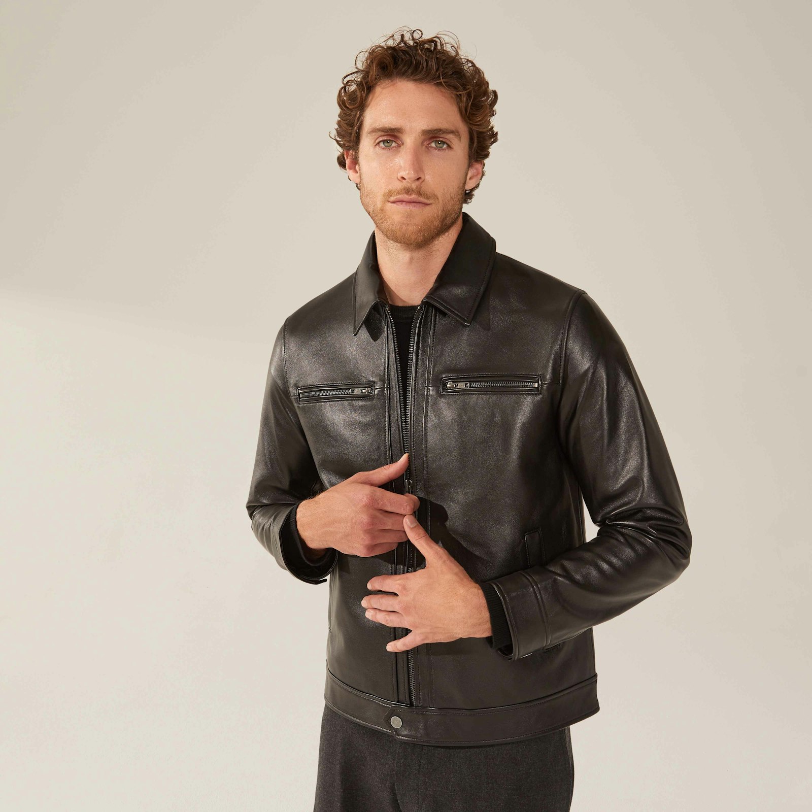 Santino Collared Zip Lambskin Leather Jacket
