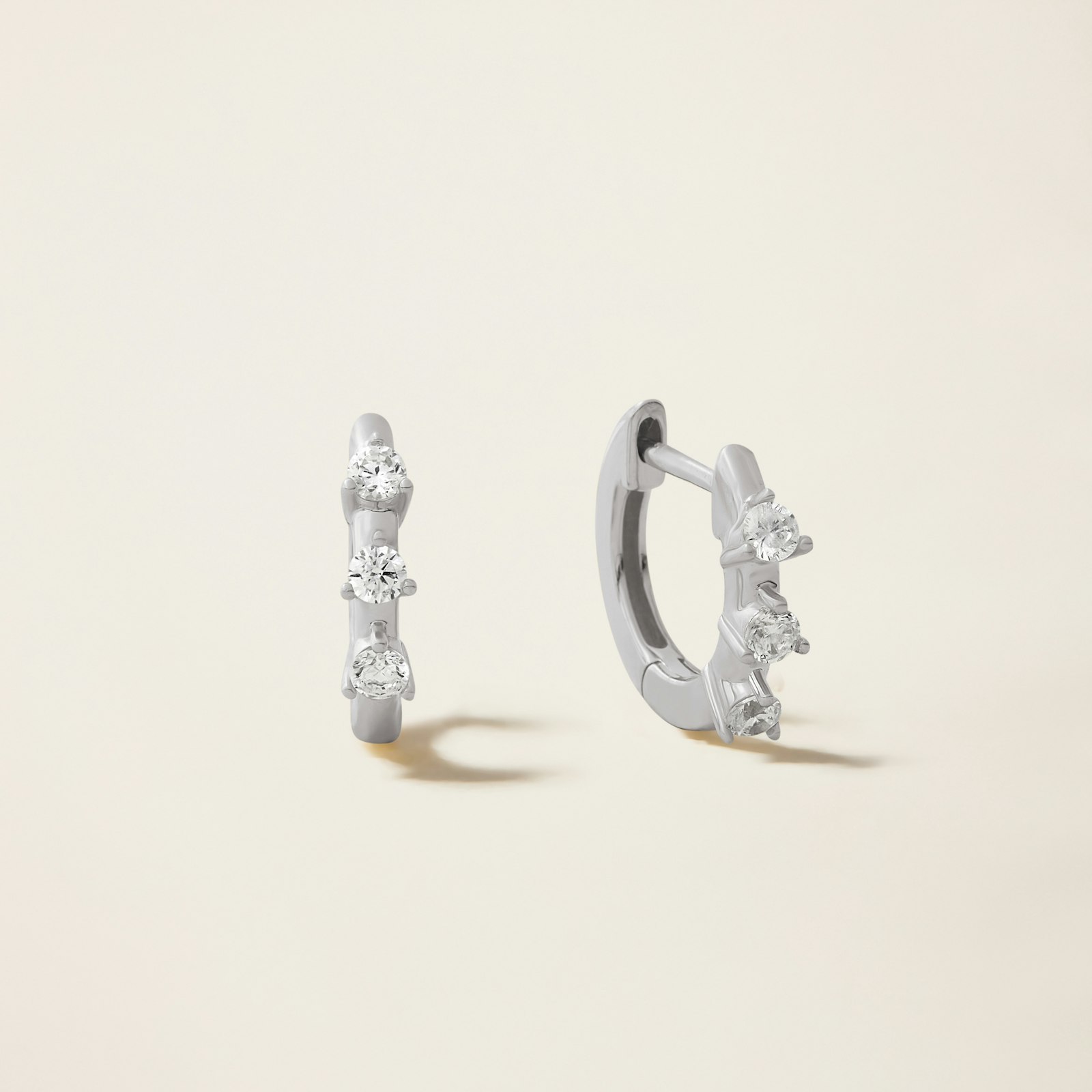 14k Solid Gold Diamond Three-Stone Huggie Earrings 