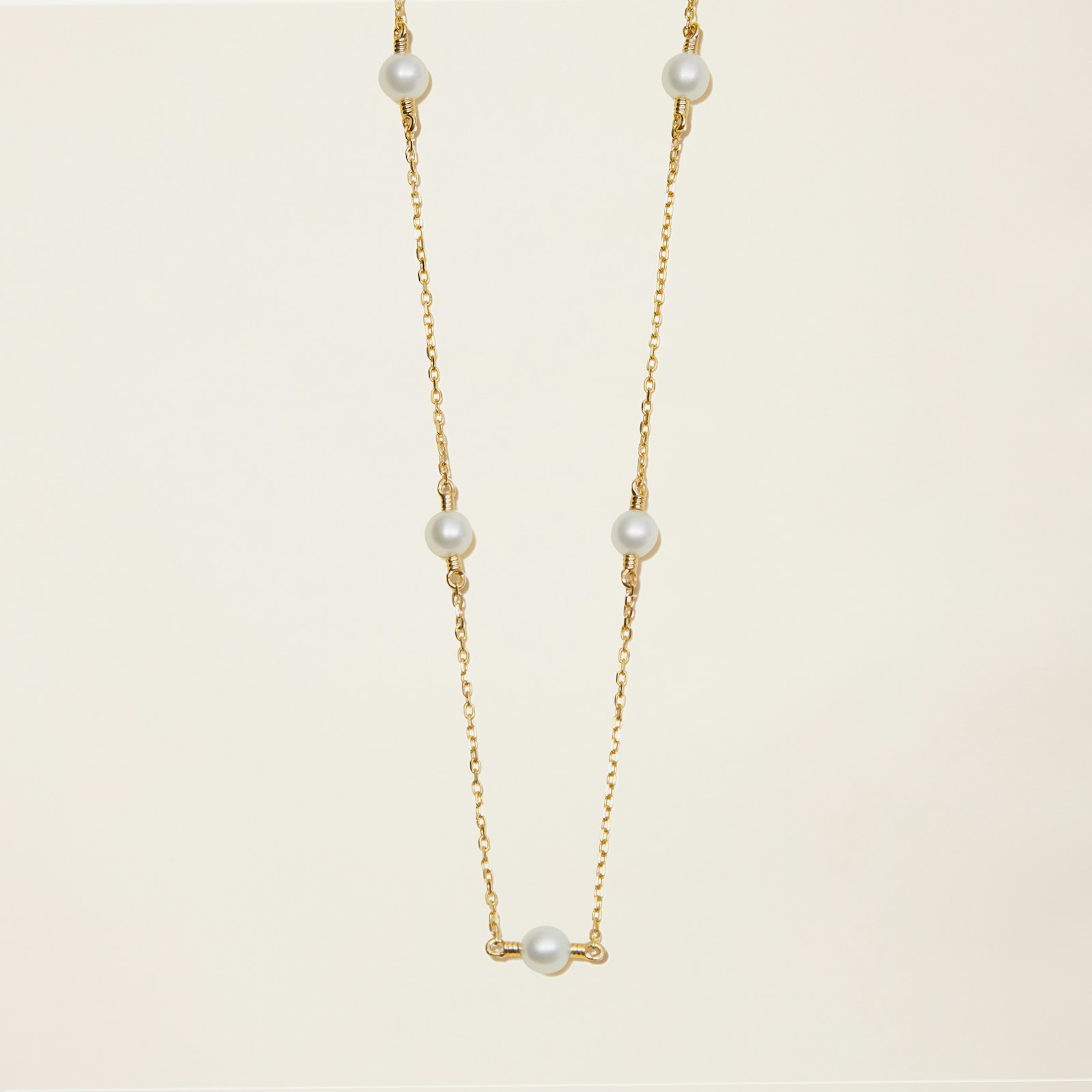 14k Solid Gold Petite Cultured Pearl Station Necklace