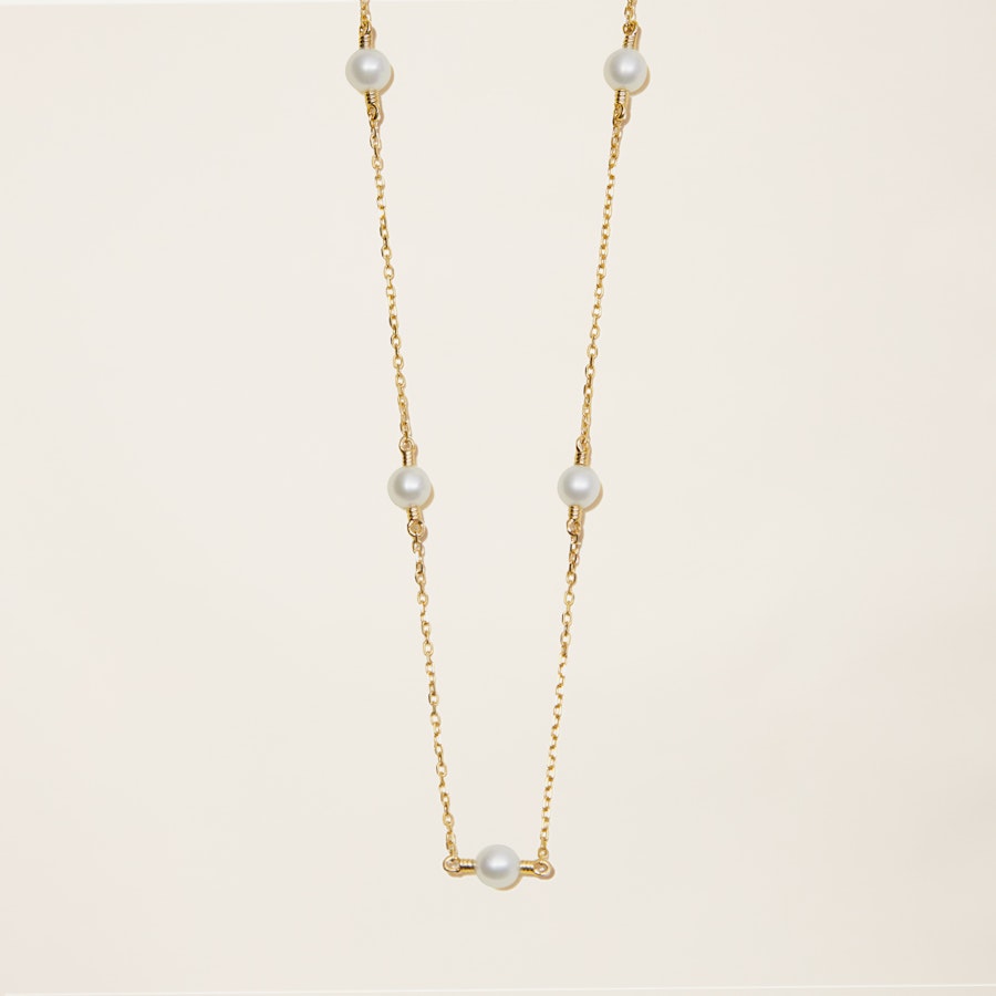 14k Solid Gold Petite Cultured Pearl Station Necklace