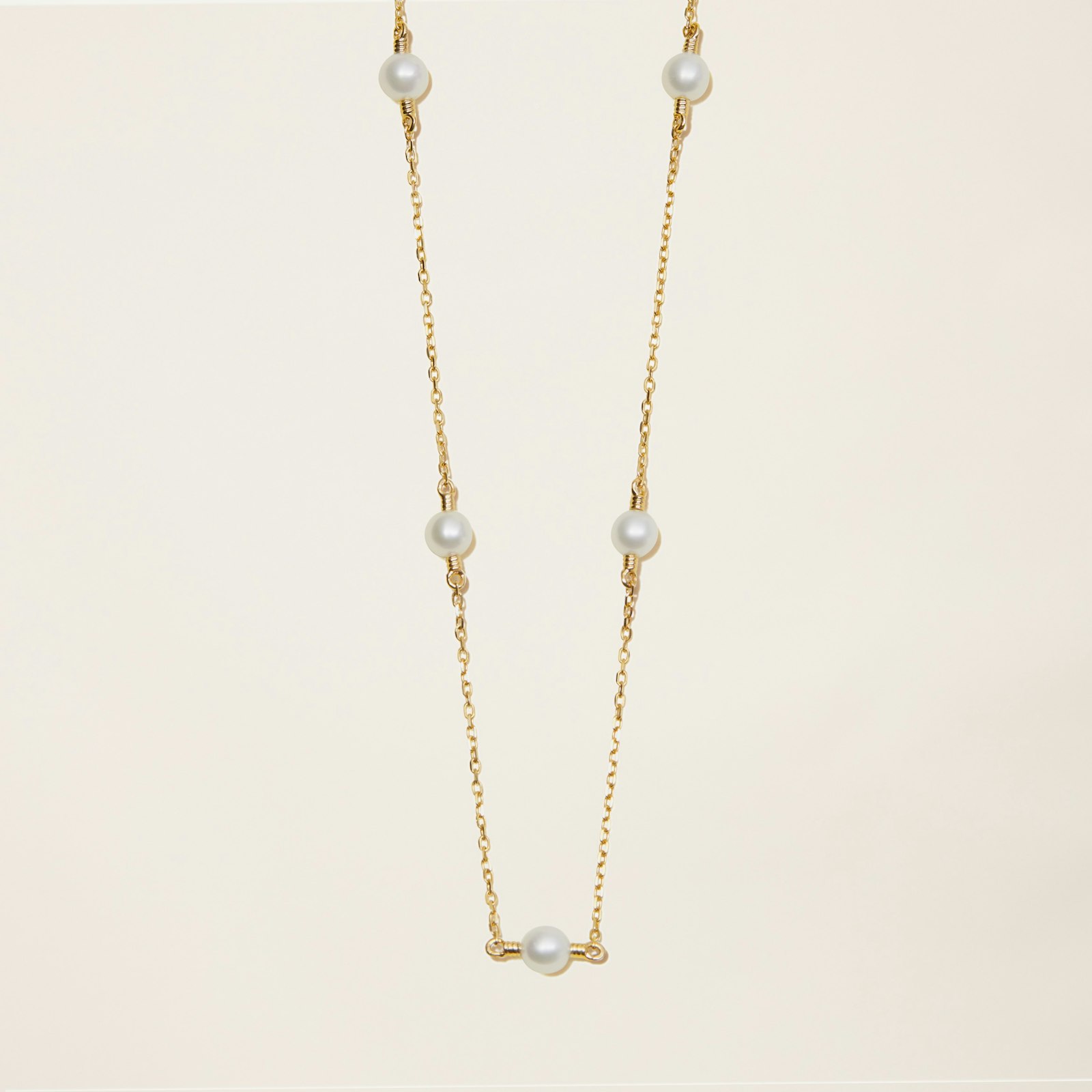 14k Solid Gold Petite Cultured Pearl Station Necklace