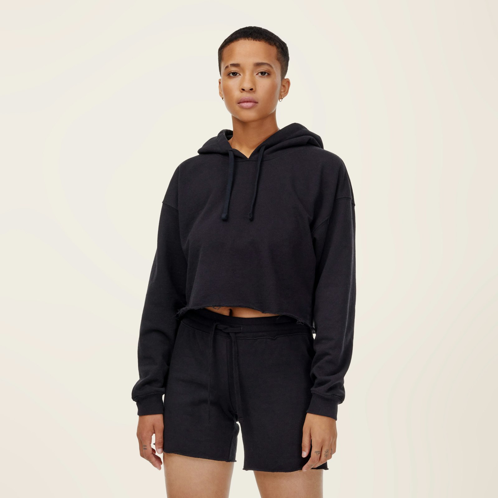 Terry Cotton Blend Cropped Hoodie