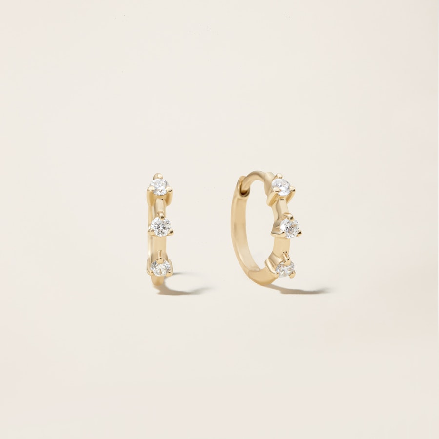 14k Solid Gold Diamond Three-Stone Huggie Earrings