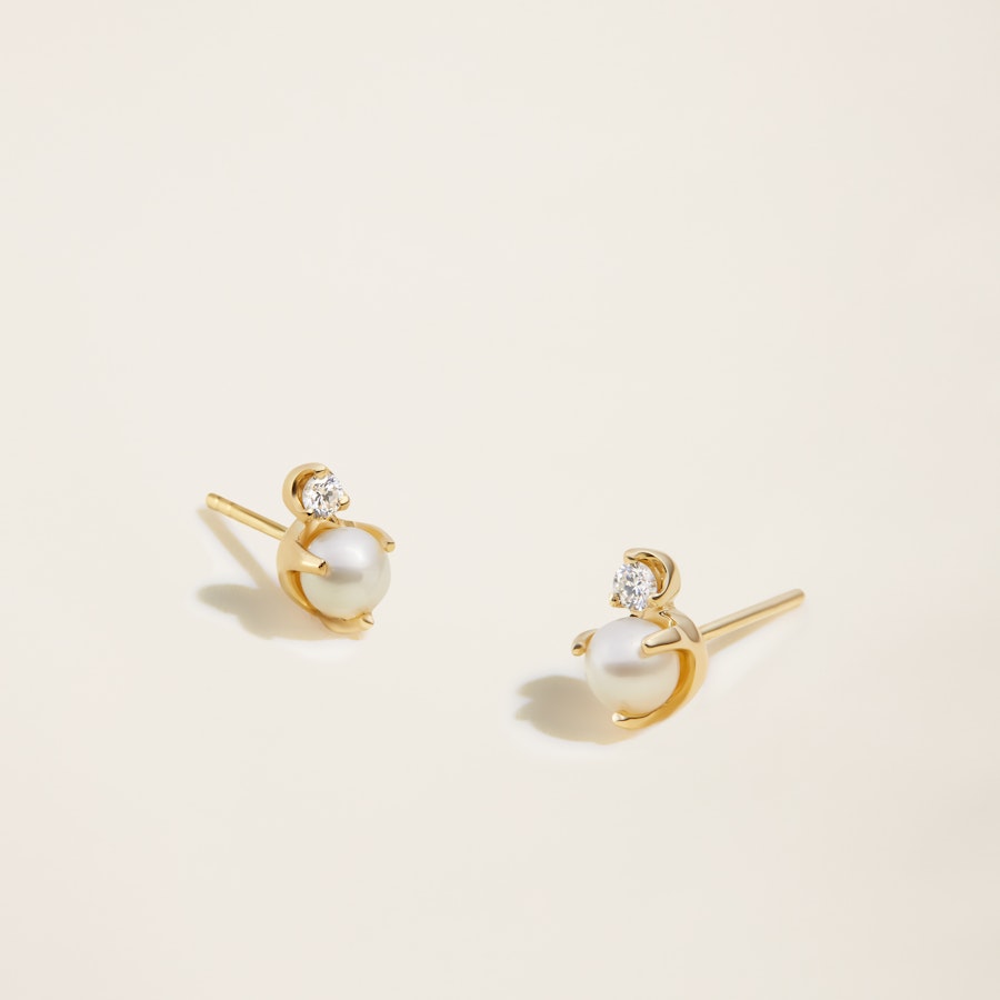 14k Solid Gold Diamond & Cultured Pearl Studs